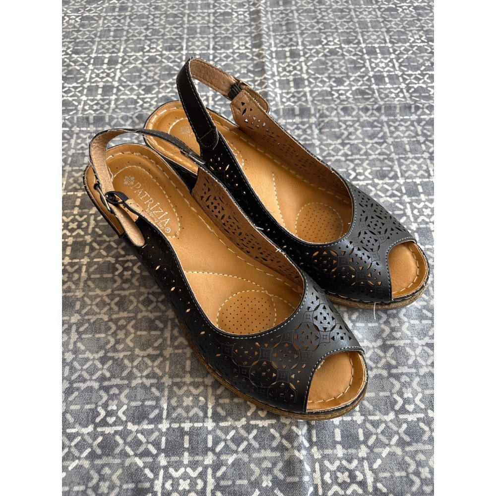 Patrizia Sandals Women 8 Black‎ Laser Cut Peep Toe Slingback Wedge Heel Comfort